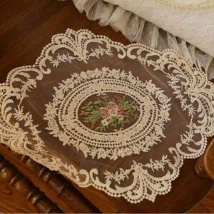 Vintage-Inspired Cream Lace Doily with Floral Embroidery